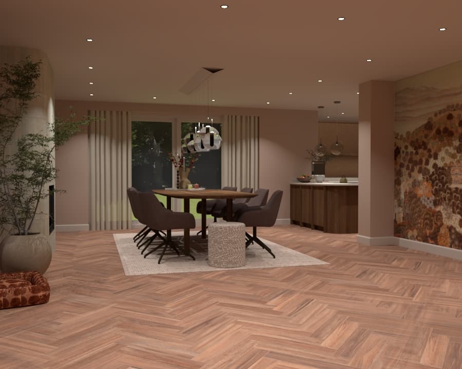 Overzicht van het warme en kleurrijke interieur